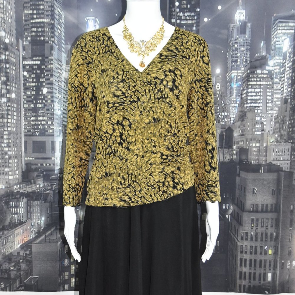 Susan Lawrence sz Large Mustard Yellow & Black 3/4 Sleeve V-Neck Blouse